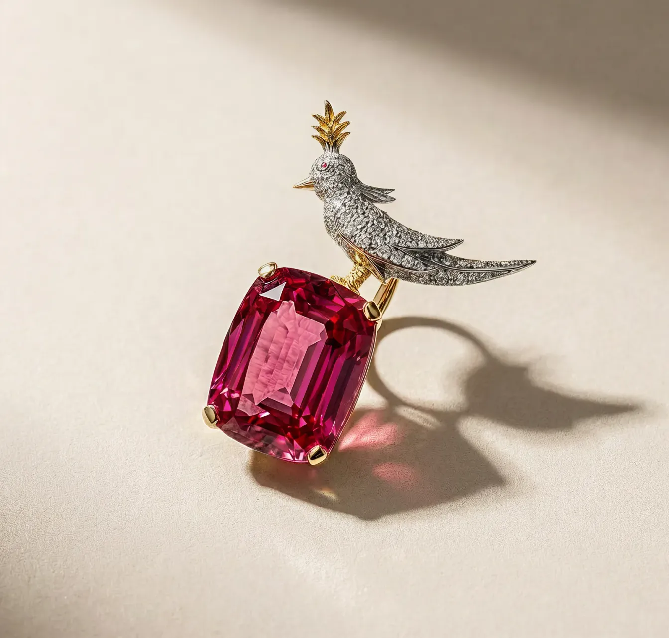 Pink spinel bird pendant with diamond accents