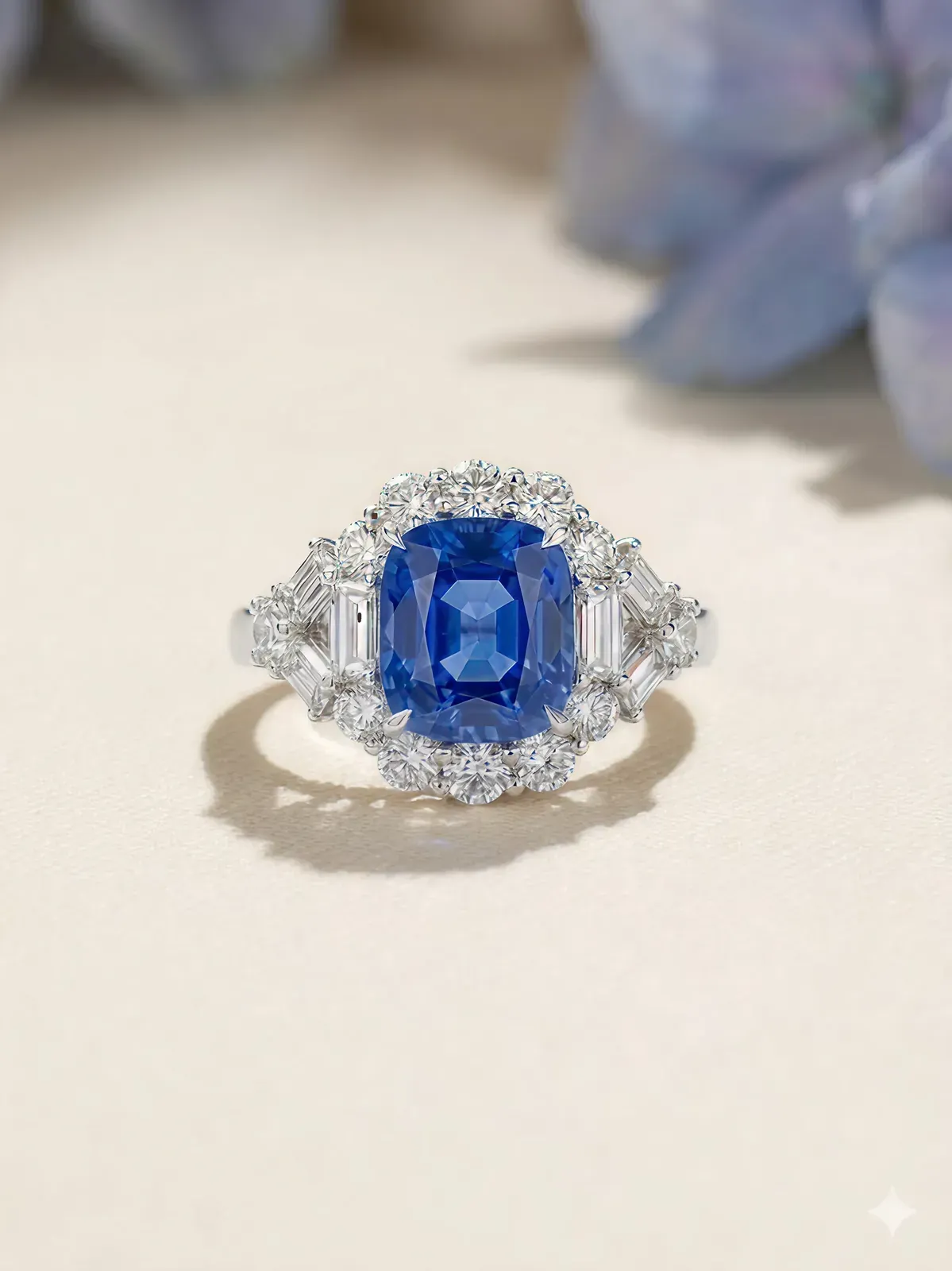 Cushion-cut sapphire and diamond halo ring