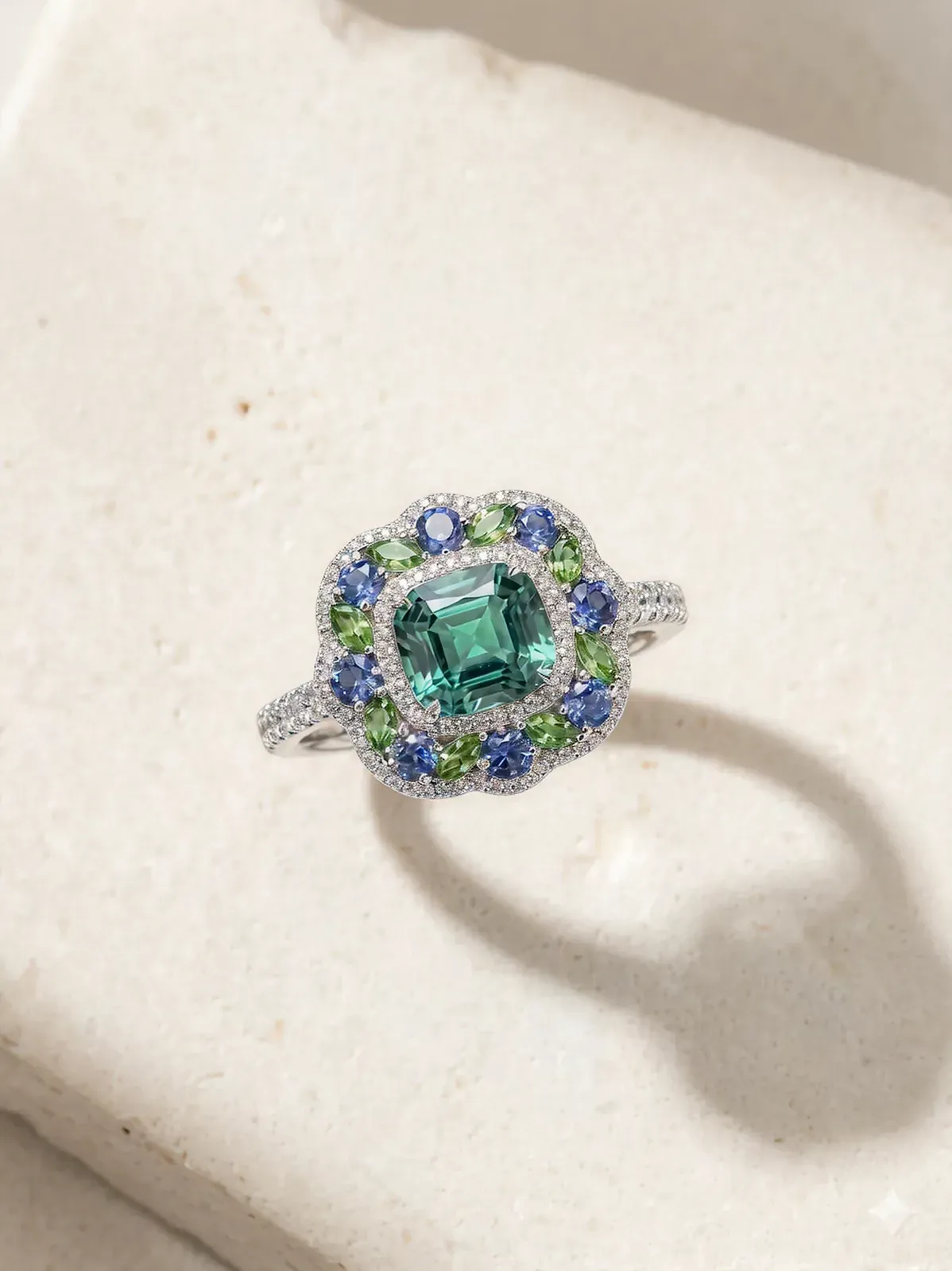 Emerald-cut green tourmaline ring with sapphire and diamond halo